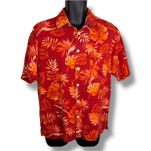 Medium Mens IZOD Silk Red/orange Tropical Hawaiian Shirt Washable Rockabilly - Picture 1 of 13